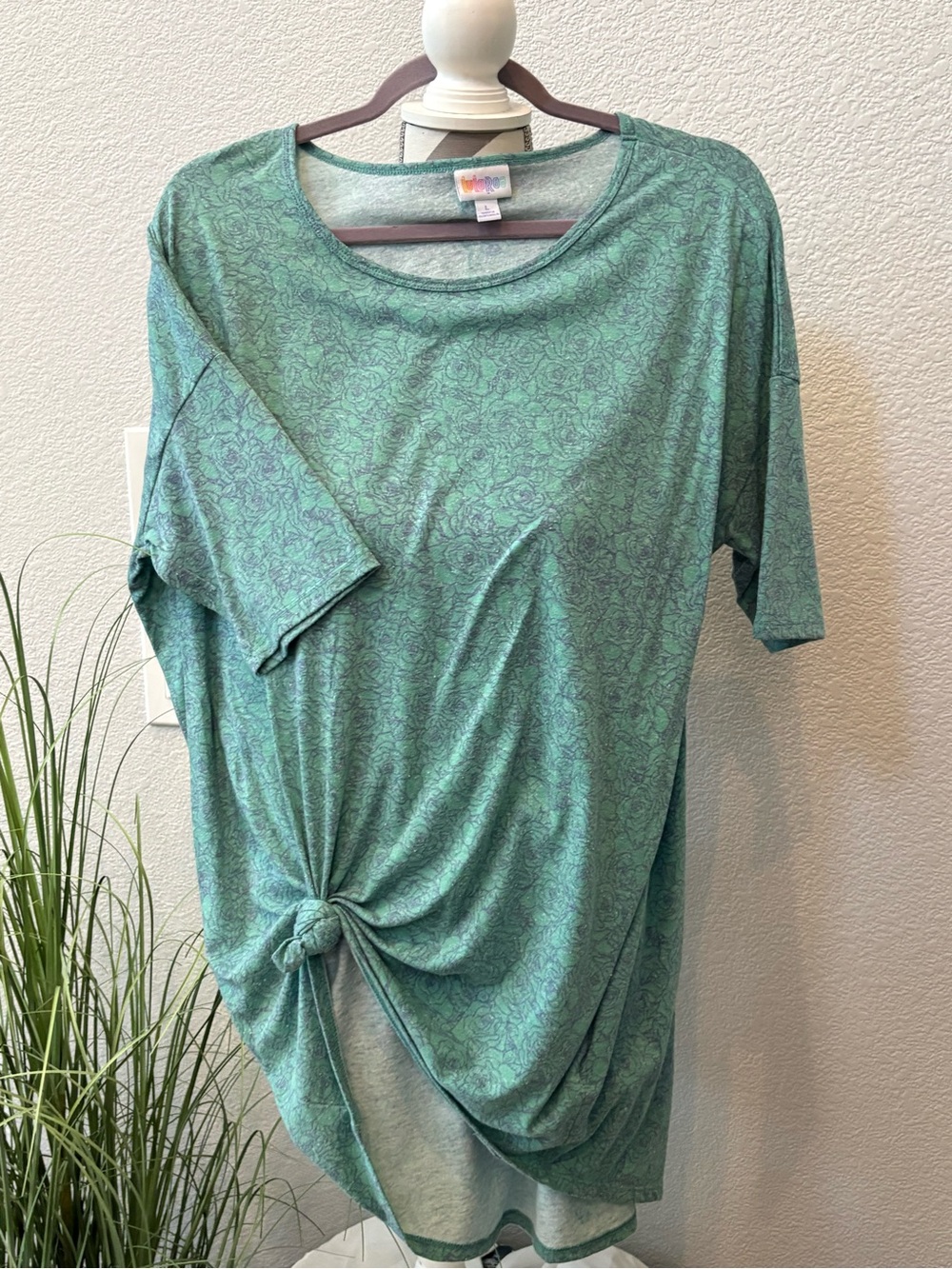 LuLaRoe Irma Teal Green Floral Knot-Front Short Sleeve Top